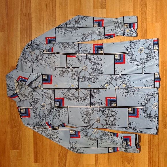 Vintage 70' blue floral and geometric patterned disco shirt by Pegasus - Picture 1 of 7